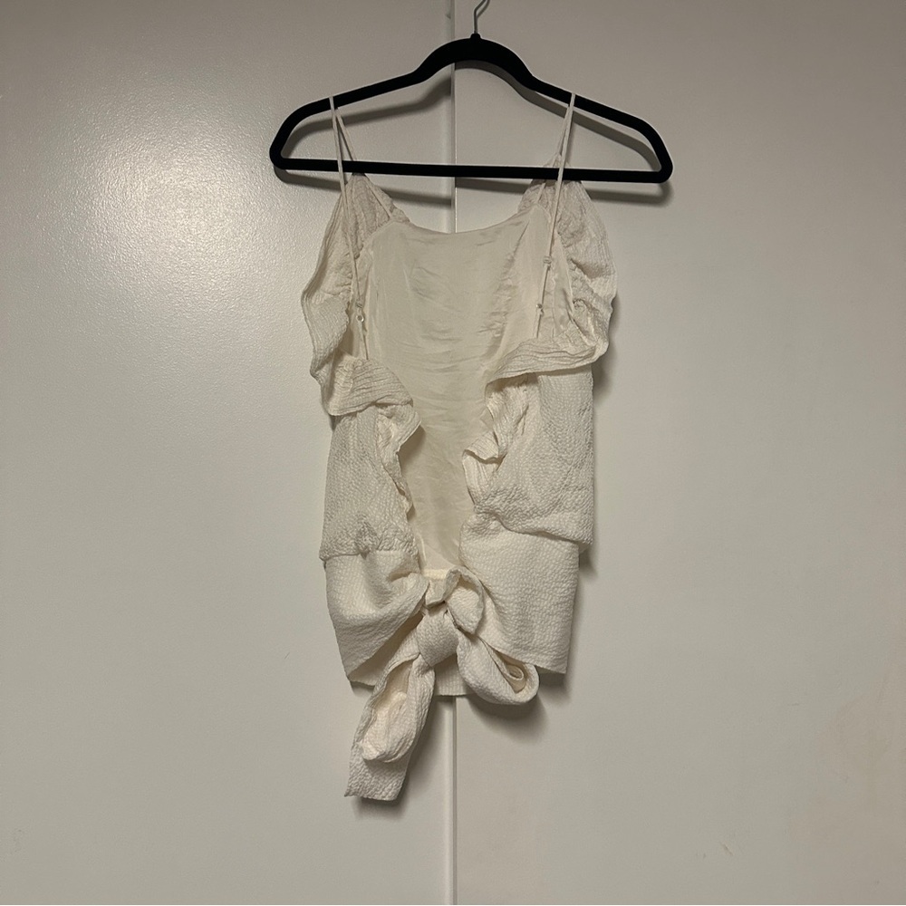 BCBGMAXAZRIA Silky Blouse Open Back Tie Back Ruffle Ivory Size Small - Picture 5 of 5